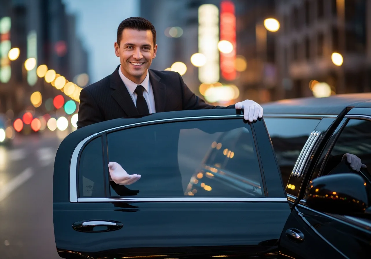 Professional chauffeur opening a limousine door